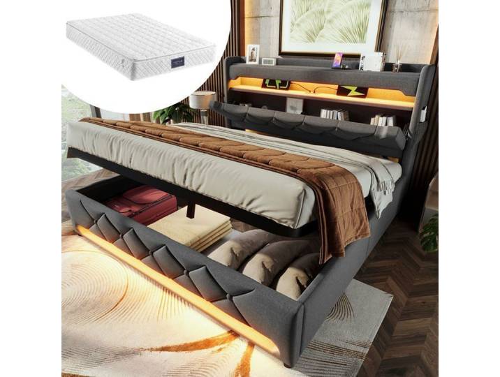 Lit coffre - SOGEU - Lit Coffre 140x200 - Matelas inclus 140x200 - LED 360° - Tête de lit USB/Type-C