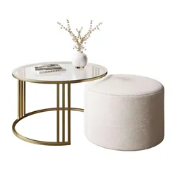 COUCHTISCH mit Hocker LORI GLASS gebürstetes Gold/transparentes Glas/Coral 50