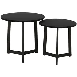 MODFU Couchtisch Set 2 teilig rund Schwarz 48x48x45 cm verschachtelbar als Beistelltisch Snacktisch, Stahlgestell MDF Platte, modernes Design