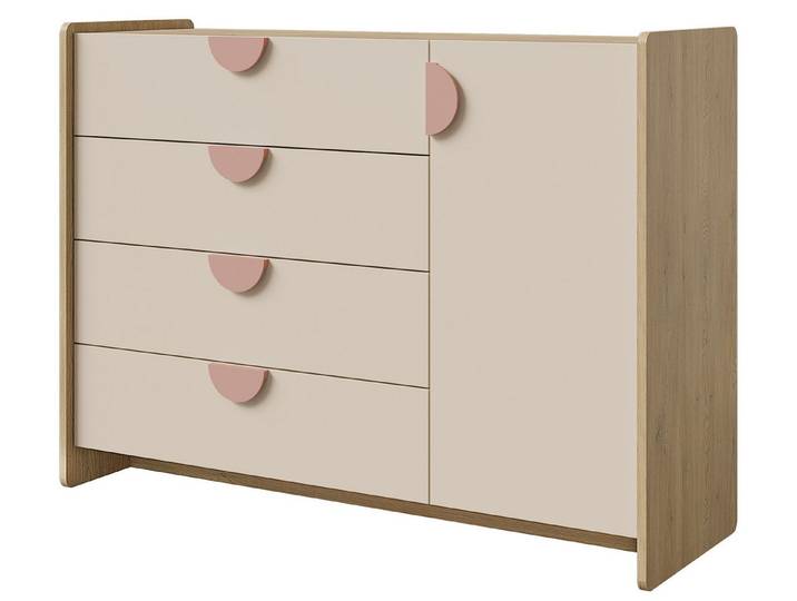 Beautysofa Kommode LENA mit 4 Schubladen und 1 Tür (Sideboard mit viel Stauraum, Ideale Kommode für das Mädchenzimmer), Eiche Cremona/Macadamia/Puderrosa