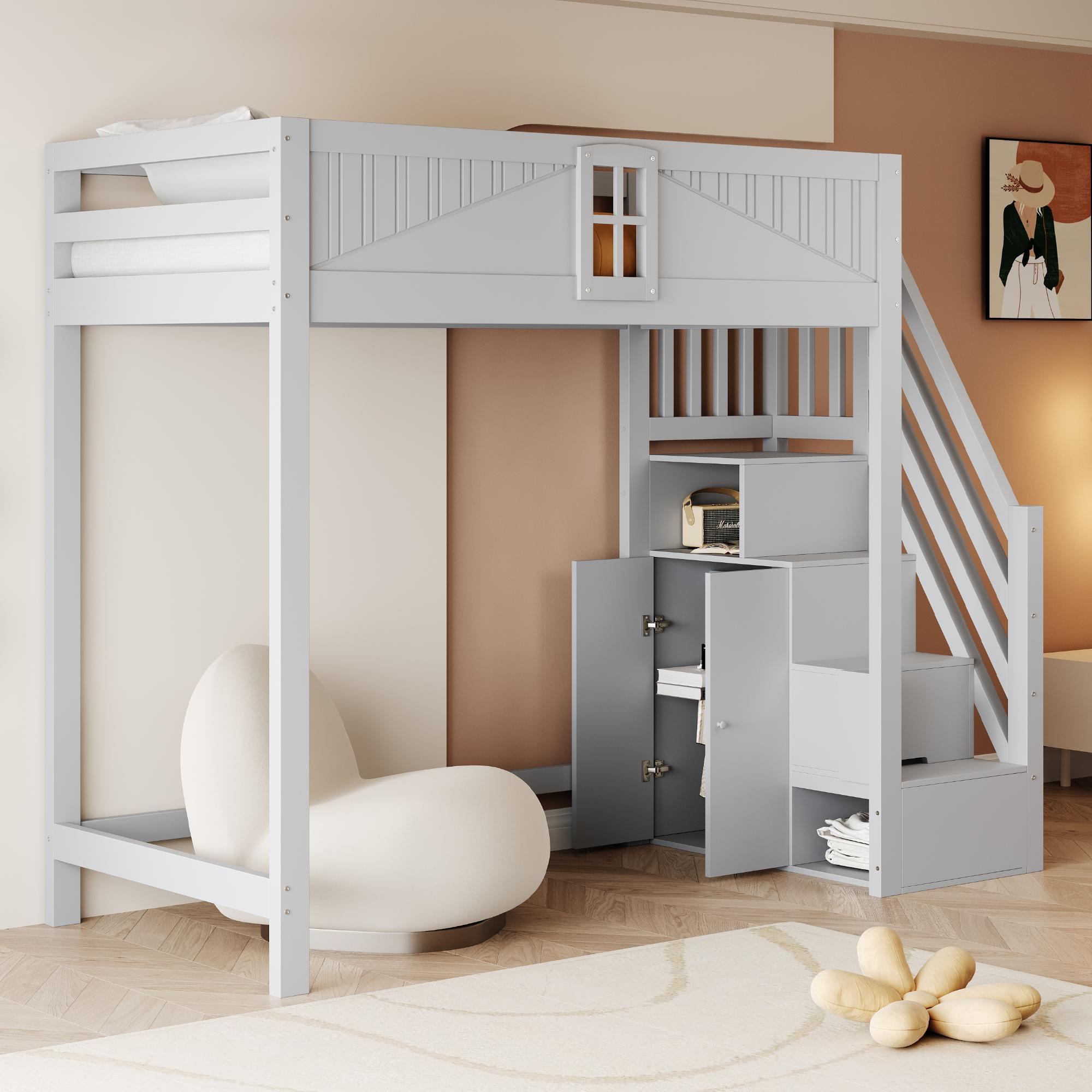 Merax Etagenbett Hochbett 90x200cm mit Stauraumleiter, Kinderbett aus Massivholz, Sicherheitstür mit Fenster, Leiter links/rechts montierbar, Grau