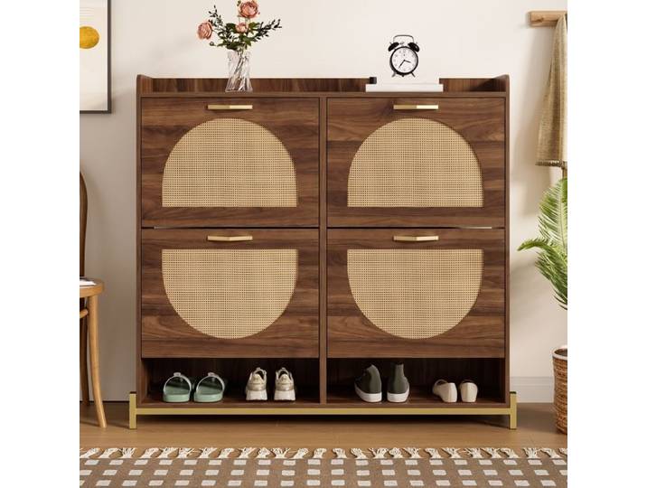 Meuble Chaussure Bois 4 Portes Rangement Chaussure Rotin Armoire à chaussures étroit pour Entrée Salon Couloir 108.5x24x100cm