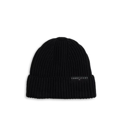 Beanie TOMMY JEANS "LINEAR LOGO BEANIE", Damen, schwarz, Strick, Baumwolle, unifarben, Mützen Beanie, Regular fit mit Markenlabel