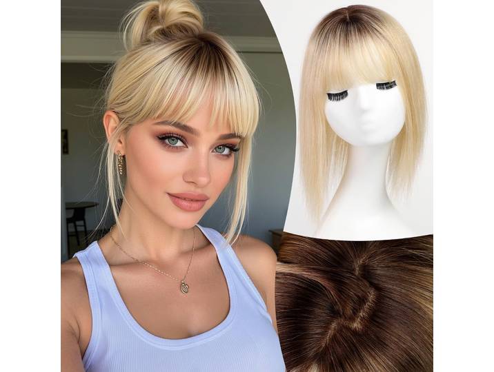 Topper de cheveux humains Ombré Brun Blond avec frange, base en soie 5x5.5 pouces, 100% Remy, pour femmes souffrant de cheveux clairsemés