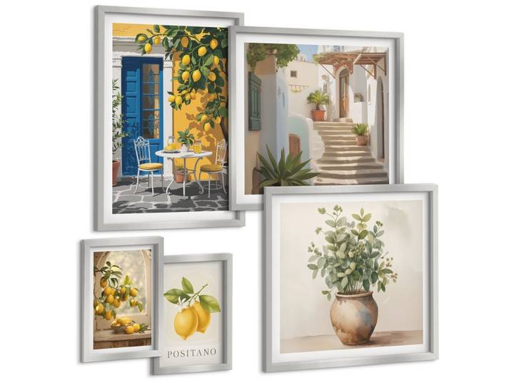 BILDER SET 5er Set - 50x50 cm & 20x30 cm & 40x60 cm Silberner Rahmen - Anker, Boot, Ruder, Strand