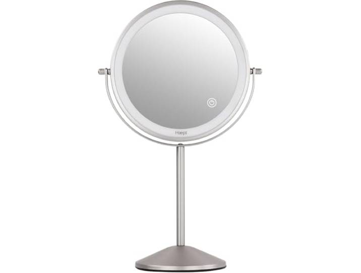 Haepi Bella Miroir LED avec Grossissement 10X\, Miroir Grossissant Double Face avec 3 Tons de Lumière\, Luminosité Réglable\, Commande Tactile\, Batterie Rechargeable et Finition Nickel Brossé