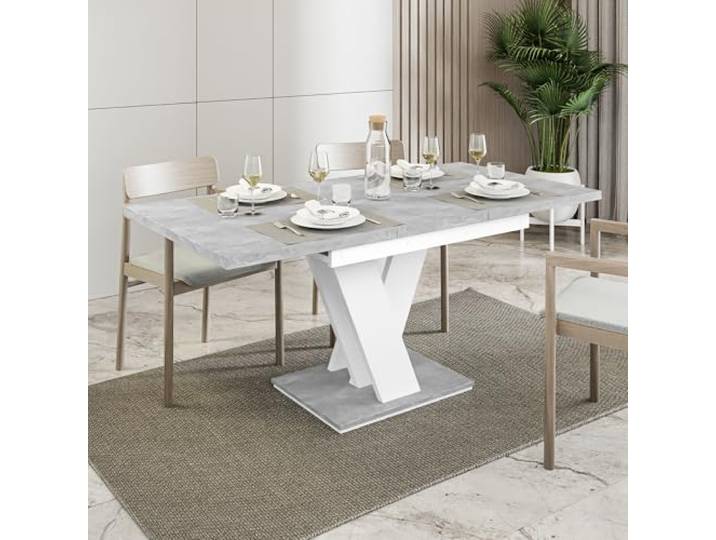 MALVI Esstisch ausziehbar 120-160x80 cm Betonoptik Weiß Matt, Küchentisch Esszimmertisch für 4–6 Personen, ausziehbar von 120 auf 160 cm, V-Gestell, Platte in Betonoptik, Gestell mattes Weiß