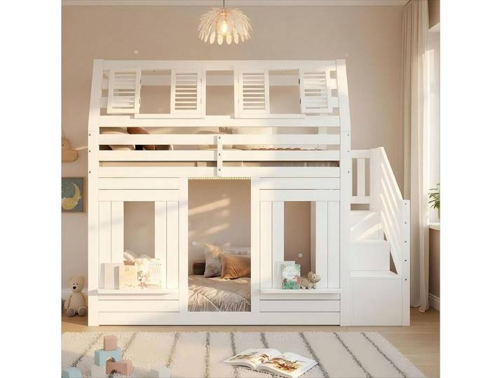 XDeer Hochbett Hochbett mit LED und Stauraumtreppe Fenster-Form Etagenbett Kinderbett Hausbett Jugendbett 90x200cm Weiß