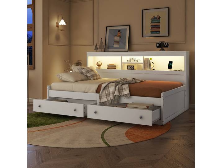 Flieks Canapé-lit Lit de jour en bois avec fonction de chargement\, lit pour adolescents lit simple avec 2 tiroirs\, canapé-lit Daybed lit fonctionnel lit d'invité avec LED\, blanc