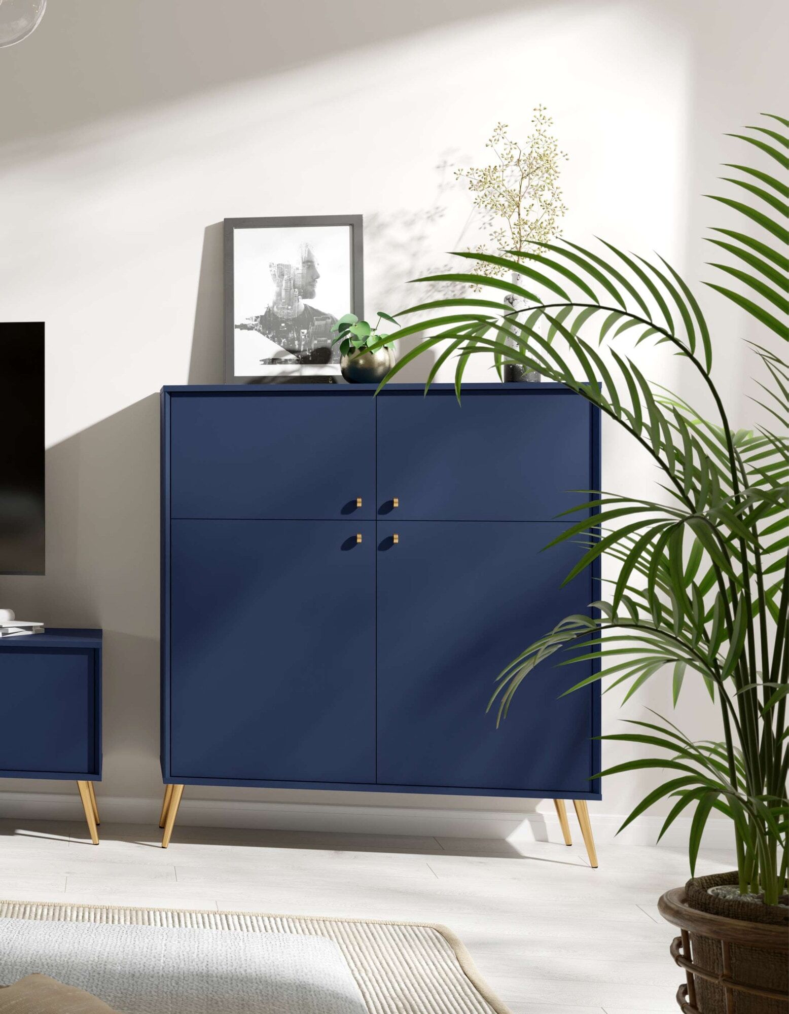 Sideboard HOME AFFAIRE "ROMILDA Kommode mit 4 Türen, 6 Fächer, B/T/H: 105/40,5/122 cm", blau (dunkelblau), B:105,4cm H:122,4cm T:40,5cm, Melamin, Sideboards, Sideboard, Kommode mit goldenen Akzenten, 4 Einlegeböden, viel Stauraum dunkelblau B/H/T: 105,4cm