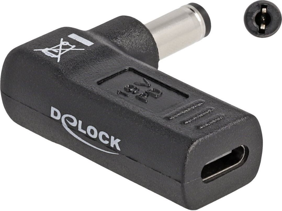Delock adapter voor notebook-voedingskabel USB Type-C naar 5,5 x 2,1 mm, 90 graden geknikt, 3A, zwart