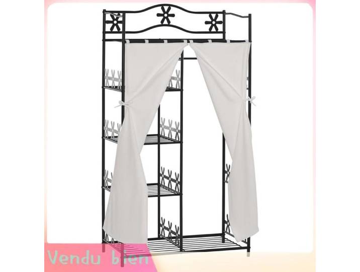 LIA Armoire dressing adulte 5 étagères métal noir rideaux blanc 84x42x159cm