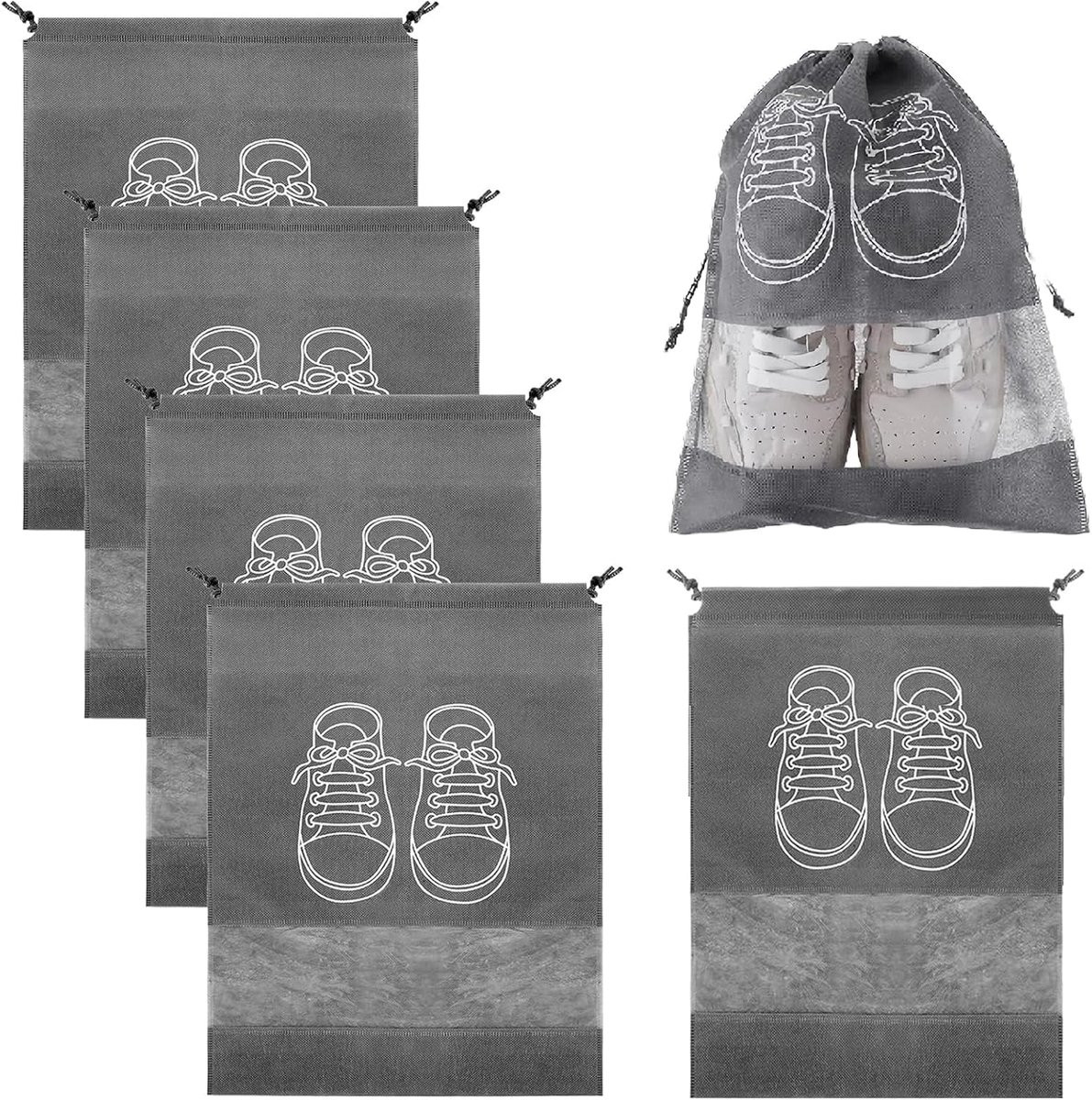 5-pack Schoenopbergzakken met rits, Grijs, Reisorganizer voor schoenen