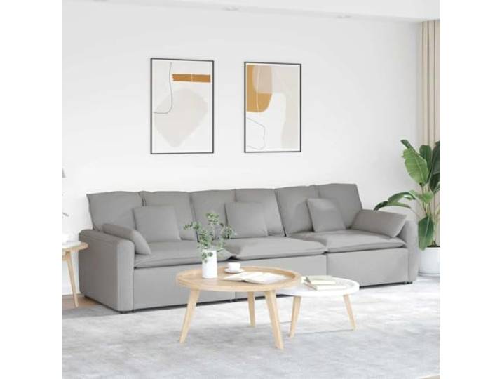 HKQWPBF Modulares Sofa mit Kissen Wolkengrau, 3-teilig, Stoffbezug Metallrahmen, Holzarmlehnen, Textilene-Sitzflächen, flexible Modulkonfiguration, langlebige Polsterung