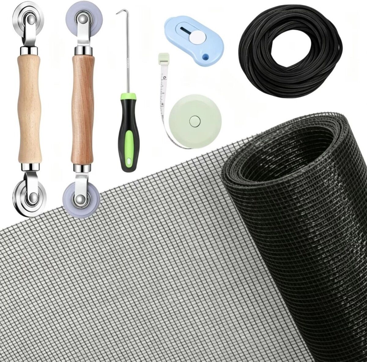 INF Fensternetz-Reparaturset – Metall+Netz Spline-Roller, Entfernungshaken & Netzclip, 300cm Länge