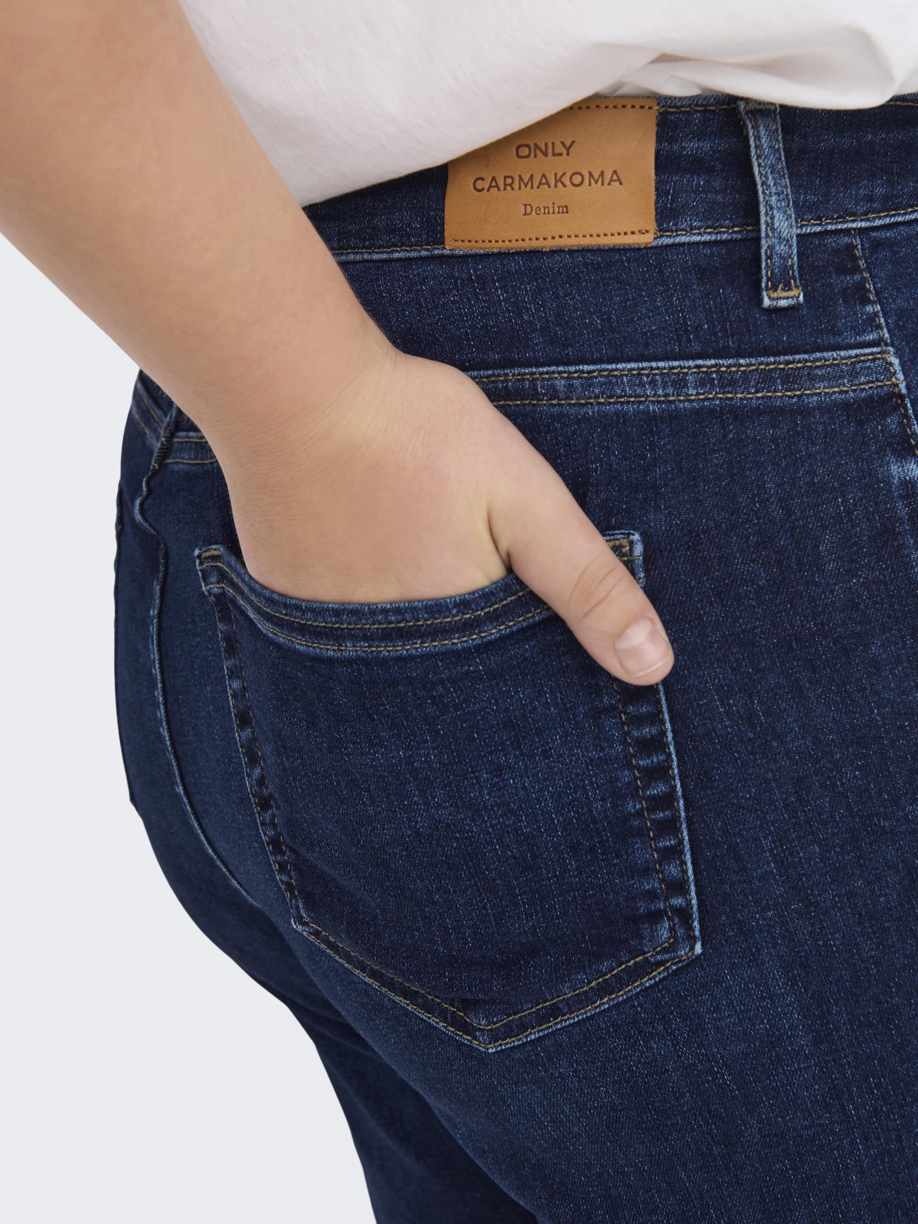 High-waist-Jeans ONLY CARMAKOMA "CARWILLY HW WIDE JEANS CRO NOOS", Damen, Gr. 42, Länge 32, blau (dunkelblau denim), Denim/Jeans, Obermaterial: 92% Baumwolle, 6% Elastomultiester, 2% Elasthan, weit, Jeans High-waist-Jeans dunkelblau denim 42, Länge 32