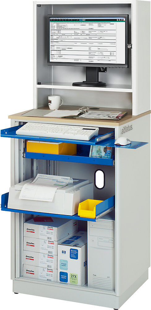 Computer-Arbeitsplatz, HxBxT 1810 x 720 x 660 mm, mit Monitorgehäuse, lichtgrau / enzianblau RAU