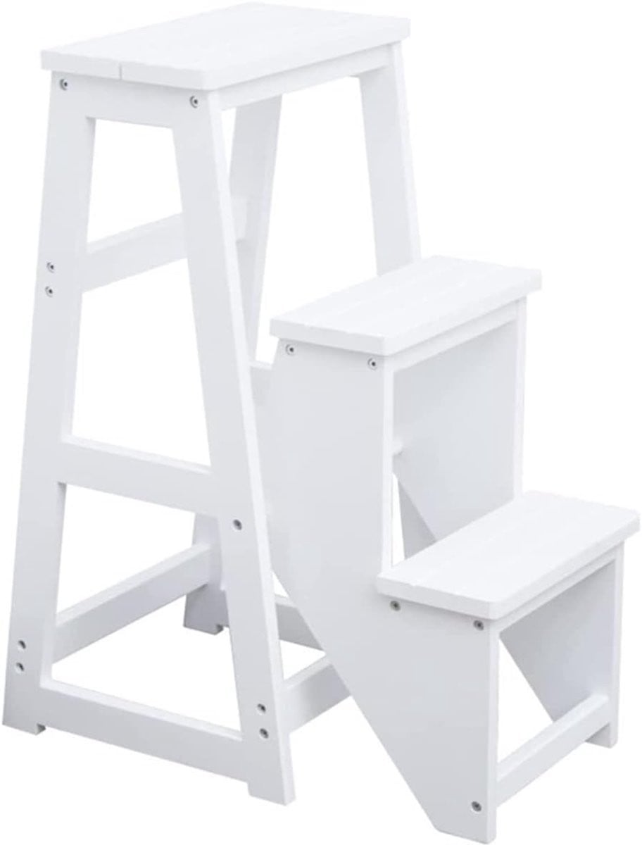 Wit houten opklapbare ladderkruk met 3 treden