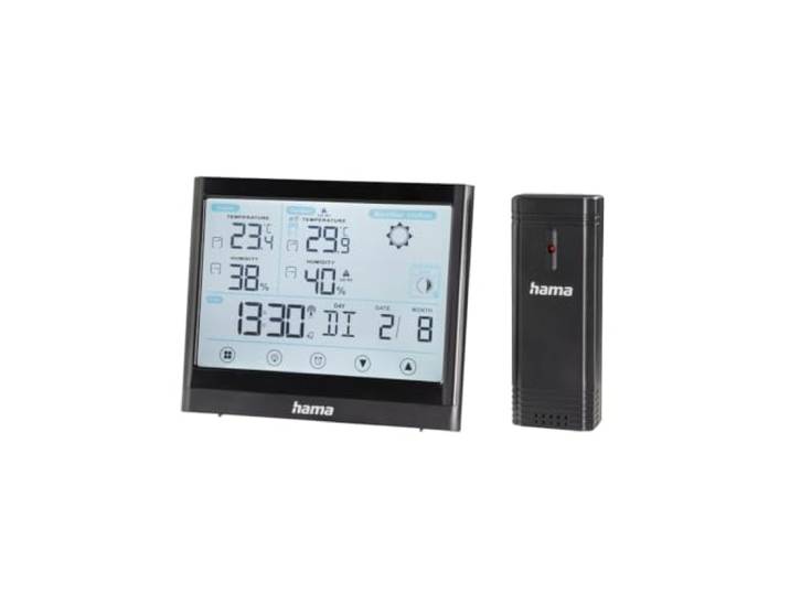 Hama Station Météo Horloge 'Full Touch' avec sonde extérieur (thermomètre\, hygromètre\, prévisions météorologiques\, réveil\, phases lune\, divers fonctions\, extensible à 3 capteurs) Noir