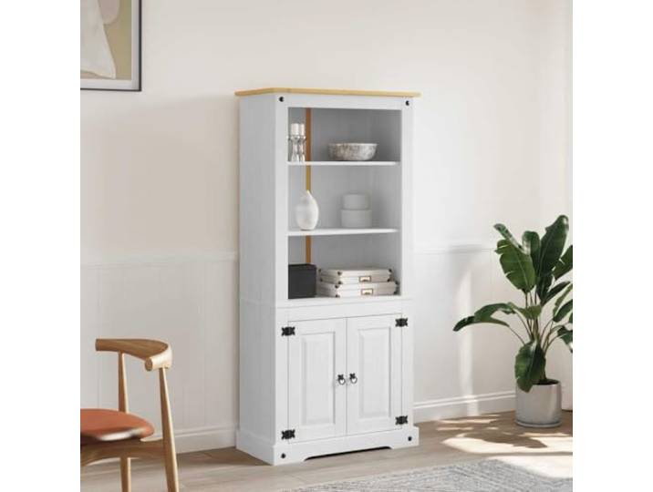 KGHFDVB Buffetschrank Mexiko-Stil Kiefernholz Weiß 80x40x170 cm Massives Kiefernholz, gewachste Oberfläche, 3 Regalfächer, Schrankfach mit 2 Einlegeböden, schwarze Metalldetails