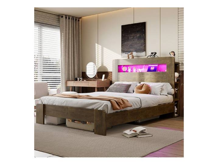 REDOM Funktionsbett mit LED-Beleuchtung, Holzbett Doppelbett (mit Kopfteil-Stauraum & integrierten Steckdosen), Inklusive Matratze