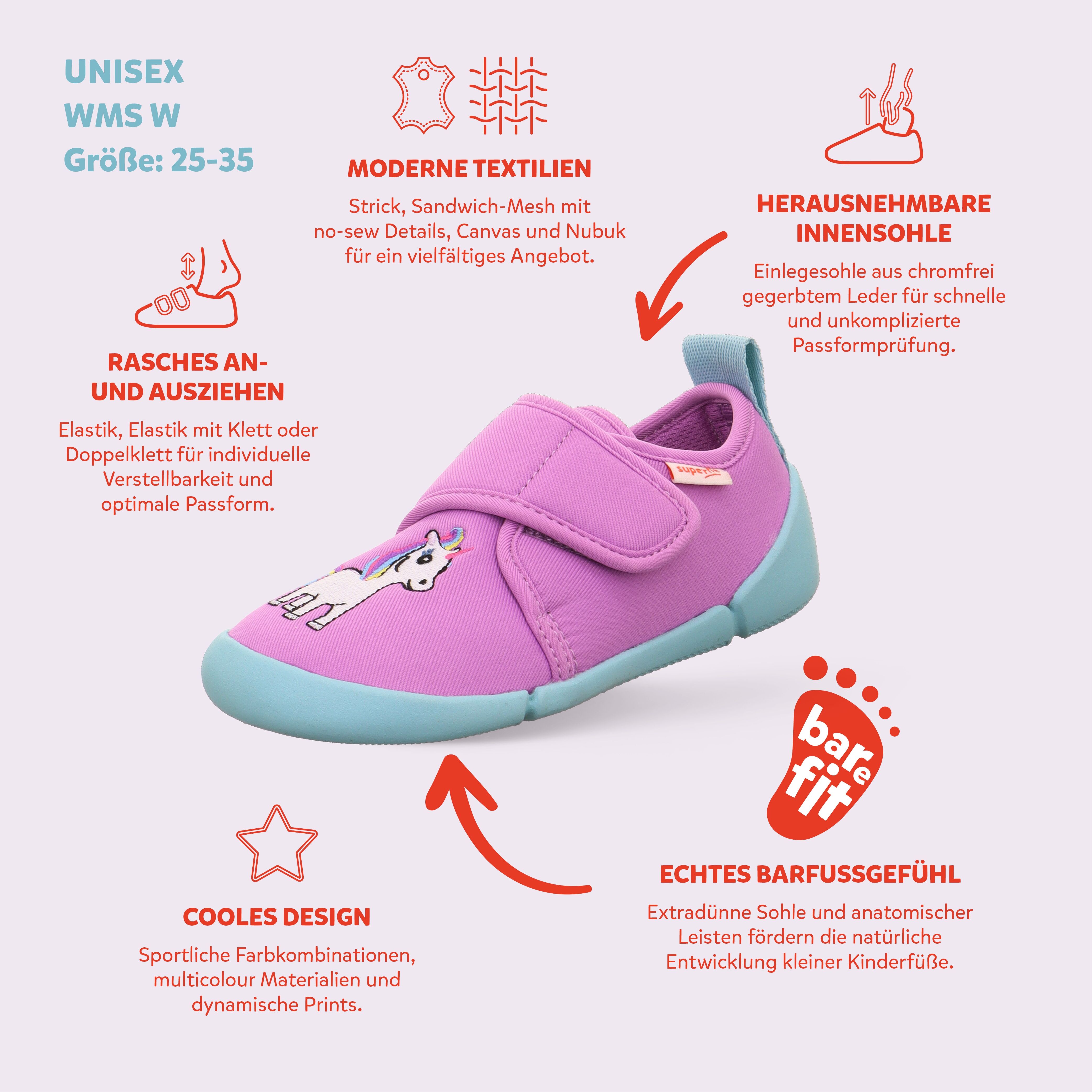 Hausschuh SUPERFIT "VENTI WMS: Weit", Mädchen, Gr. 31, Polyester, lila (fliederfarben einhorn), Schuhe Hausschuh, Barfussschuh mit Klettverschluss, Grössenschablone zum Download fliederfarben einhorn 31, Polyester