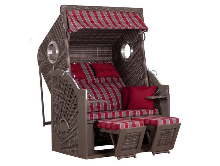 Gardenson Strandkorb, Grau, Rot, Holz, Pinie, Karo, 130x160x80 cm, Gartenmöbel, Gartenschaukeln, Strandkörbe