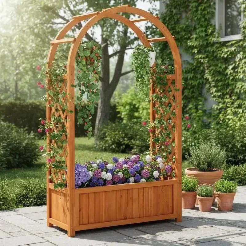 Erhöhtes Gartenbett mit Holzpergola und Pflanzenkasten