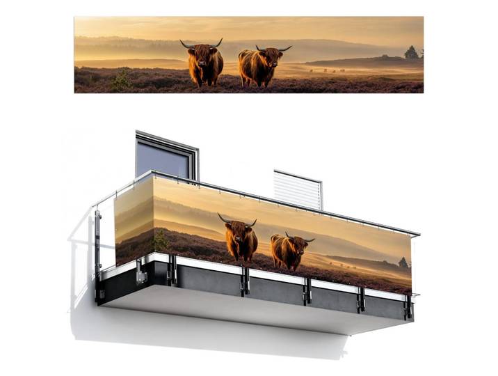 MuchoWow Balkon-Sichtschutz Schottische Hochlandbewohner - Heide - Landschaft - Tiere, Cognac, Kunststoff, Rechteckig, 500x110 cm, Sonnenschutz, Sichtschutz