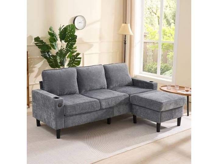 Merax Ecksofa 3-Sitzer Sofa mit Polsterhocker, Gepolstertes Sofa mit USB & Typ-C, 2 Getränkehaltern, L-förmiges Schlafsofa, Polstermöbel für Wohnzimmer, Wohnung, Lounge und Schlafzimmer, Grau