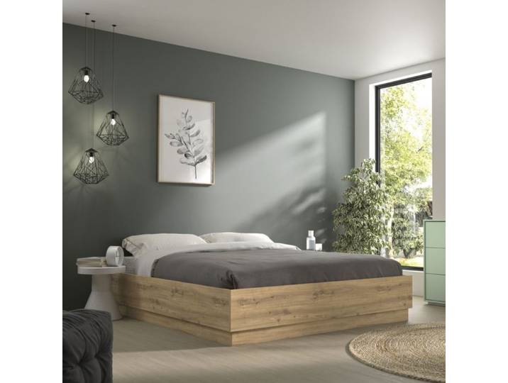 Lit coffre en bois décor chêne 140x190 cm Terre de Nuit Teddy