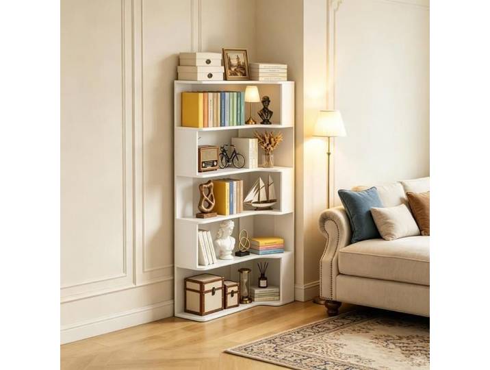 PIPIPOXER Bibliothèque d'angle étagère de rangement 5 niveaux meuble de salon pour côté canapé à côté télévision blanc