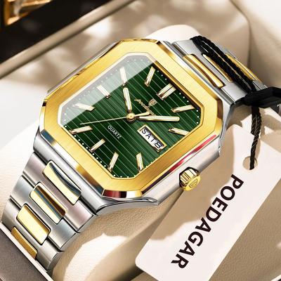 Inspire Select POEDAGAR Luxury Square Waterproof Men's Quartz Watch With Luminous Date & Week gold Green