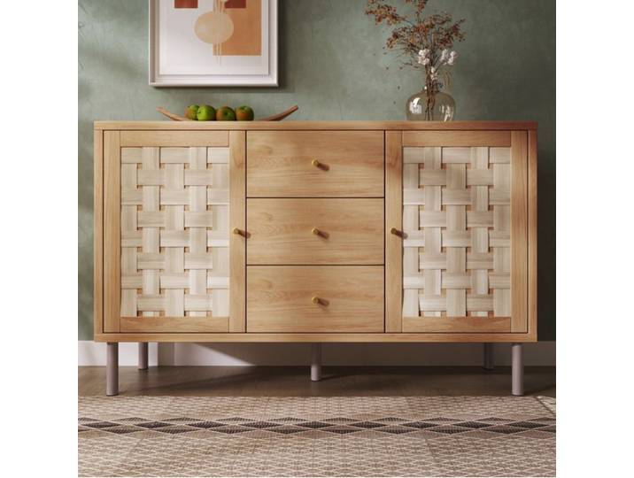 Buffet bas sideboard style campagne 2 portes 3 tiroirs étagères réglables aspect chêne 120x40x75 cm ORVRYN