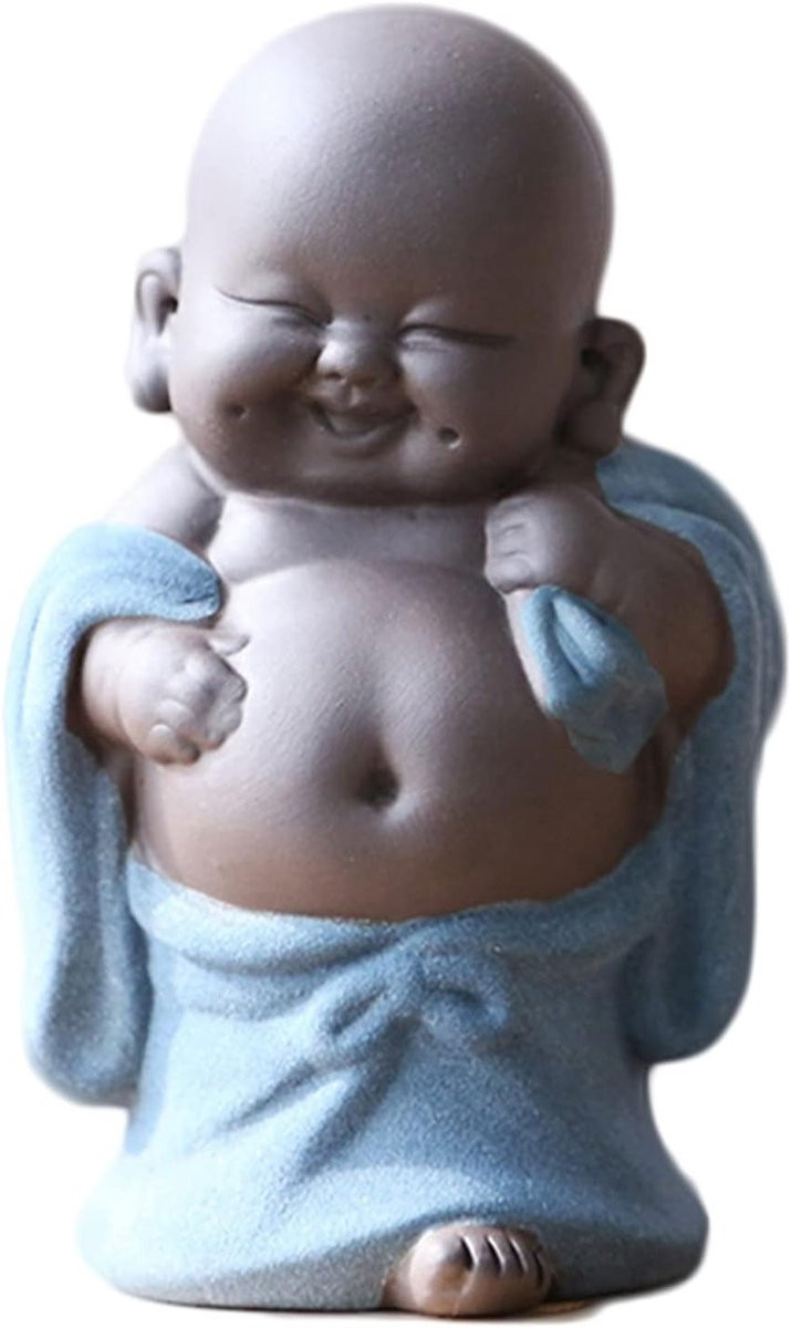 Keramisch Boeddha Beeld - Lachende Kleine Maitreya Monnik - Blauw