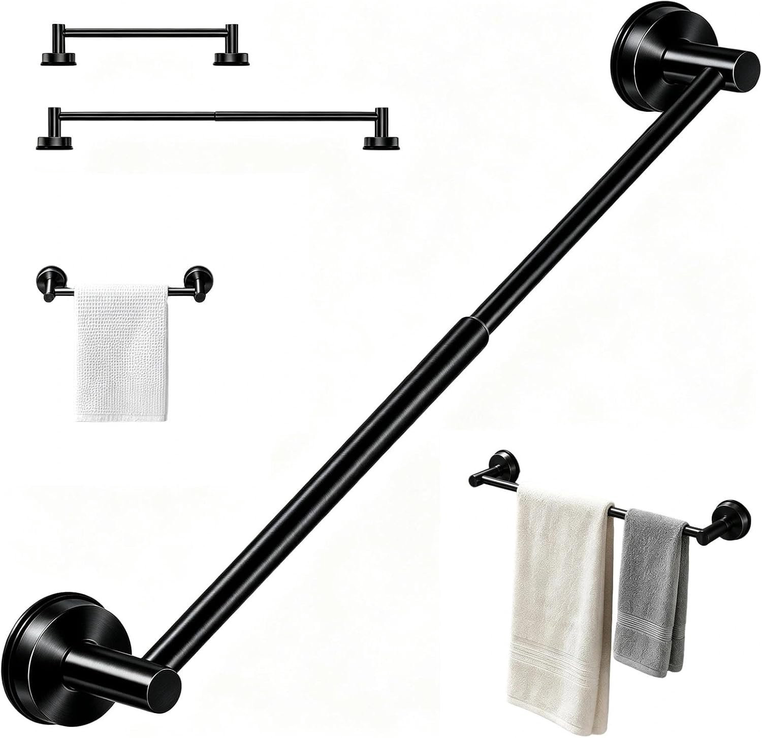 Uittrekbare handdoekhouder met handdoekstang en zuignap, zwart, 37-61 cm