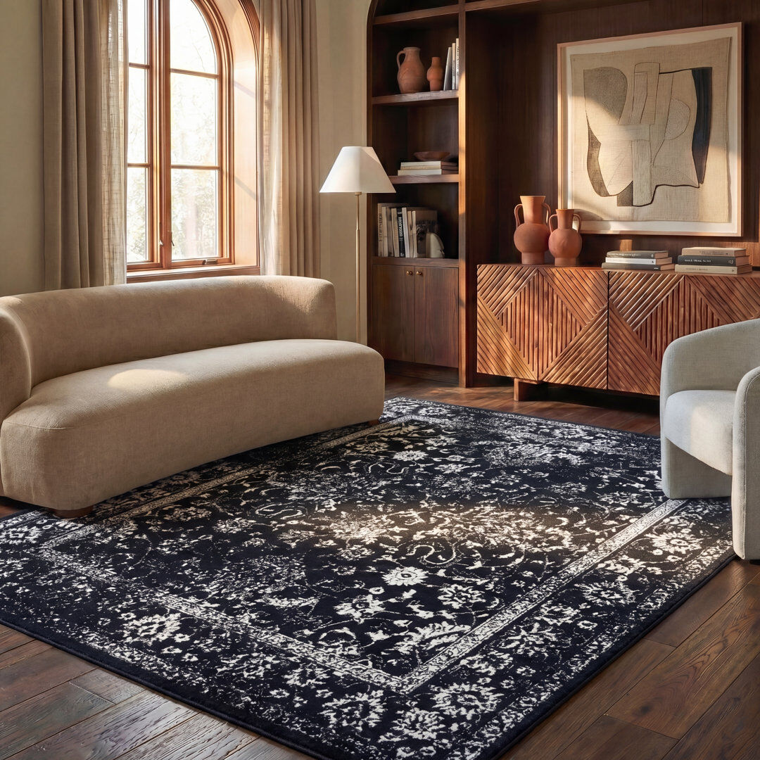Rosalind Wheeler Ellarene Adirondack Blossom Vine Area Rug In Black & Ivory Black/Ivory Rectangle 183 X 244 cm