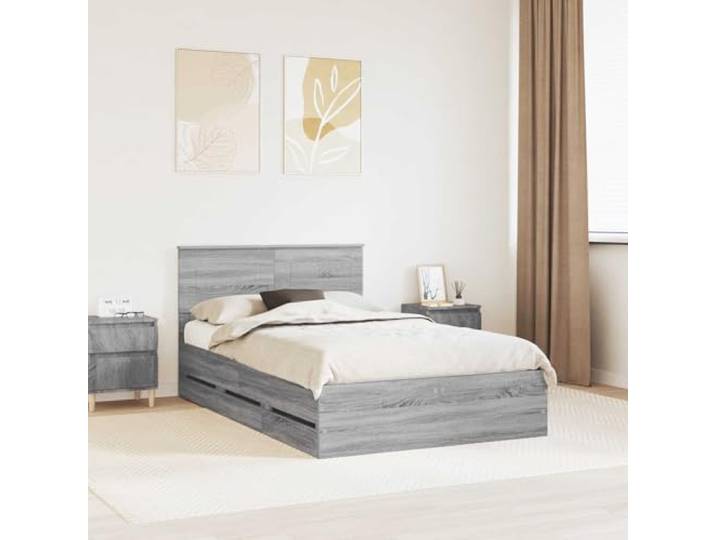 RJPLMFV Bettgestell, grau, Sonoma, 120 x 190 cm, Holz, Technik Mit versteckter Aufbewahrung, fester Lattenboden, modernes Design, leicht zu reinigen