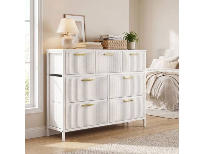 Commode 7 Tiroirs en Velours Côtelé Meuble de Rangement Chambre 98 7 x 30 x 74 7 cm Blanc neige