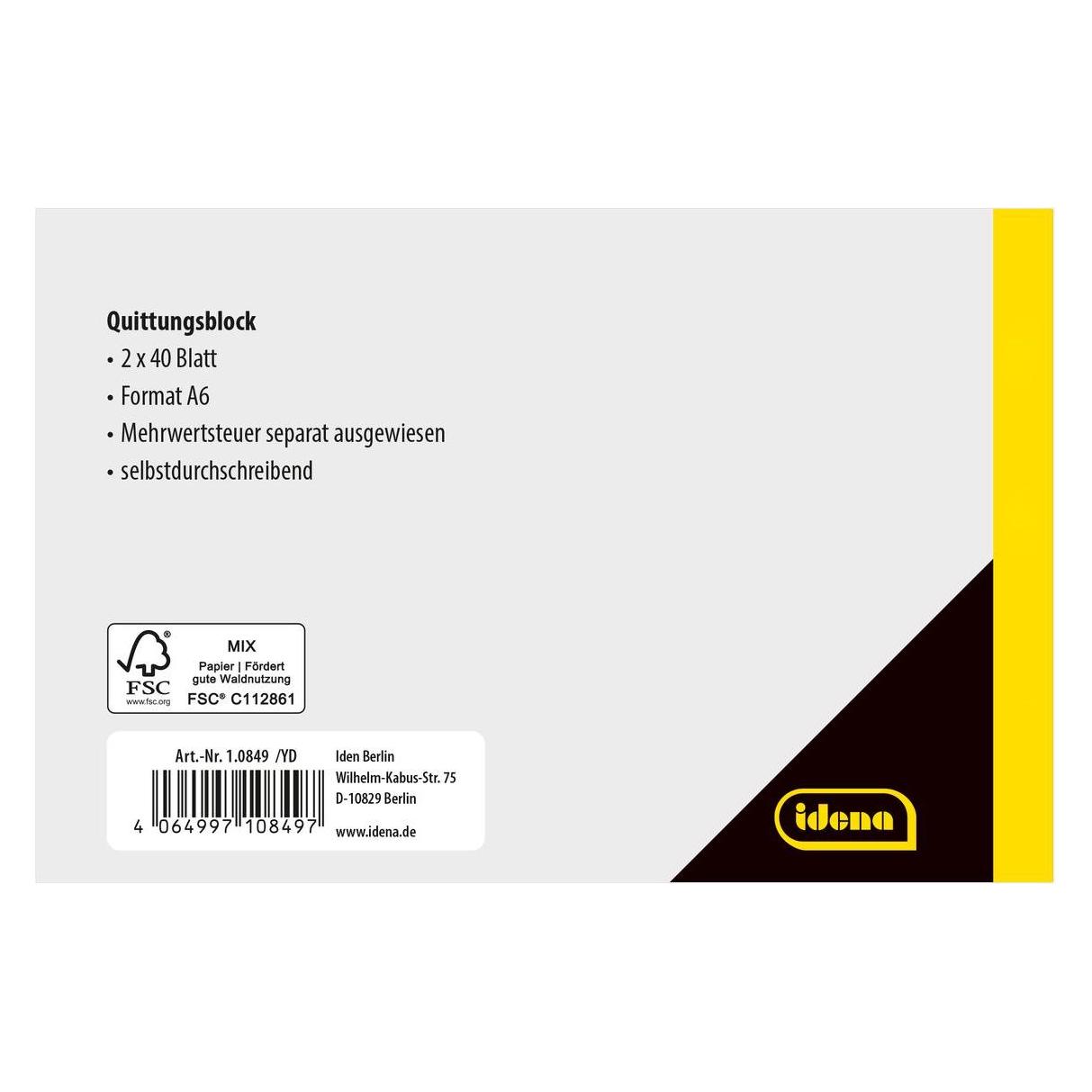 Idena Quittung A6 quer 2x40 Blatt MwSt FSC-Mix (80x) (36501730)