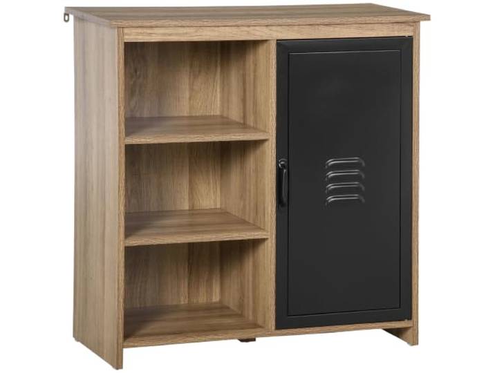 HOMCOM Buffet Industriel - Meuble de Rangement sur Pied 3 Niches Noir Placard\, en Bois et Porte Métal