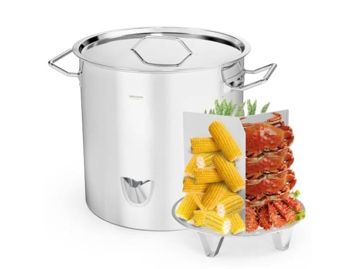 ROVSUN 50 L Dampftopf Dampfgarer mit Einfüllauslass, Einlegegitter & Trennwänden, Dampfgarer Edelstahl für Meeresfrüchte, Gemüse und Kartoffeln