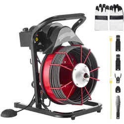VEVOR Rohrreinigungsmaschine φ10,5 mm x 23 m, Reinigungsspirale mit Manueller Zufuhr, 4 Schneidmessern & Pneumatischem Fußschalter, Reiniger für Rohre von 50 mm bis 100 mm, Rohrreinigungsgerät