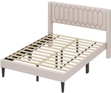 Costway Queen Size Dutch Velvet/Linen Fabric Upholstered Platform Bed with Wingback Headboard and Wooden Slat Support-Beige