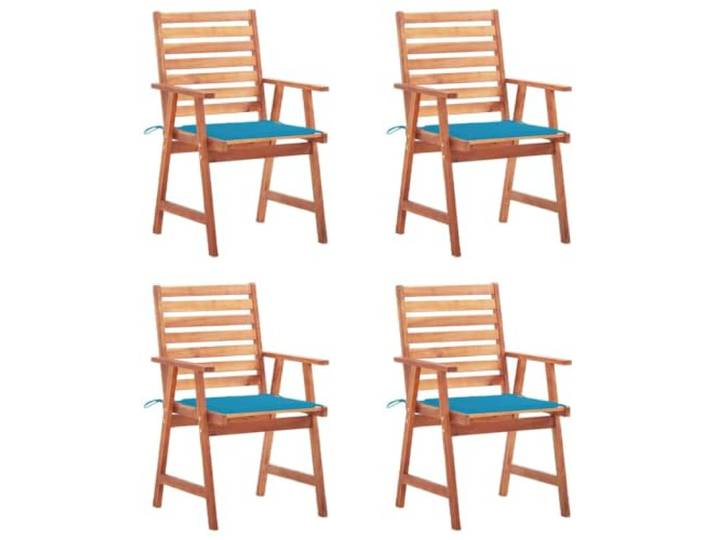 KUTYWEXFM 4er Set Gartenstühle mit Kissen, Akazienholz Essstühle Vier bequeme Armlehnstühle mit blauen Sitzauflagen für Veranda, Balkon und Terrasse beim gemeinsamen Essen im Freien.