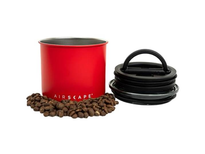 Planetary Design Airscape Edelstahl-Kaffeedose, Lebensmittelaufbewahrungsbehälter, patentierter luftdichter Deckel, überschüssige Luft herausdrücken, hält Lebensmittel frisch (klein, mattes Rot)