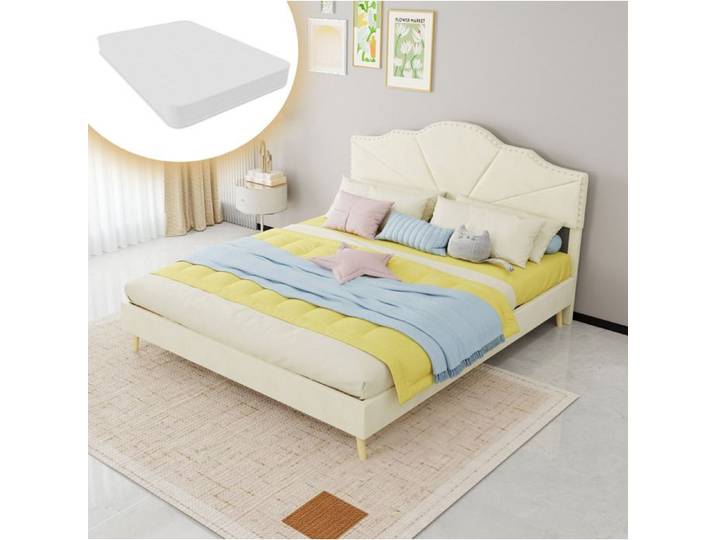 WOVREO Lit double complet 160 x 200 cm avec matelas inclus tête de lit rembourrée beige