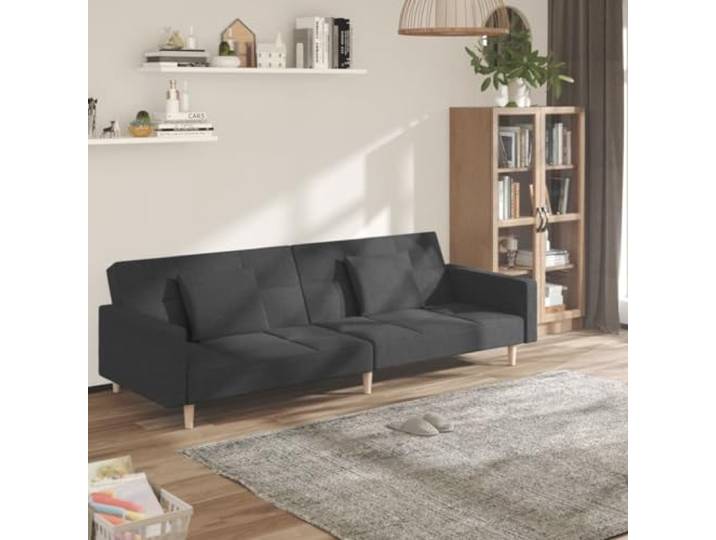 HEFZGDB Schlafsofa 2-Sitzer mit 2 Kissen Dunkelgrau Stoff – 2-in-1 Funktionsmöbel für Gästeübernachtung, bequemes Sitzgefühl, atmungsaktive Bezüge, robuster Holzrahmen, vielseitig