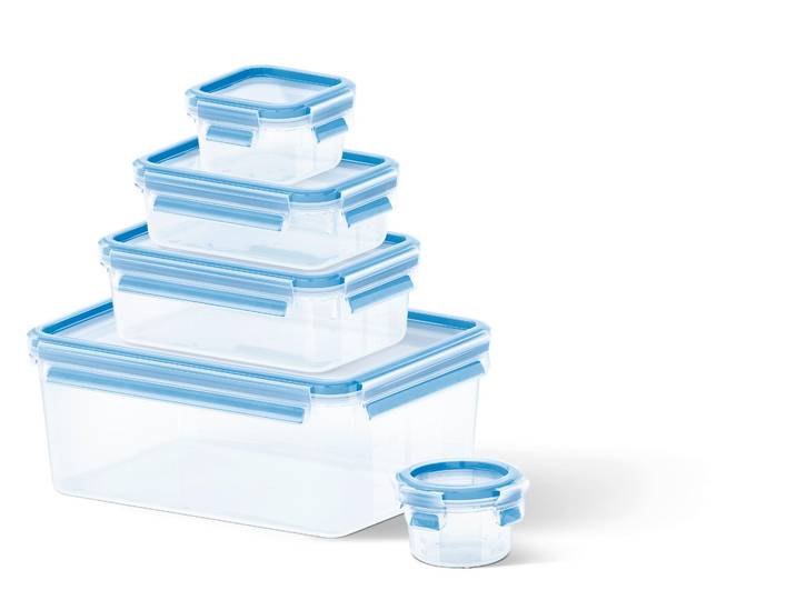Frischhaltedose EMSA Clip & Close , blau (transparent, blau), Kunststoff, Lebensmittelaufbewahrungsbehälter, Frischhaltedose, (0,15+0,20+0,55+1,00+3,70L), Kunststoff, 100 % dicht, Frischedichtung