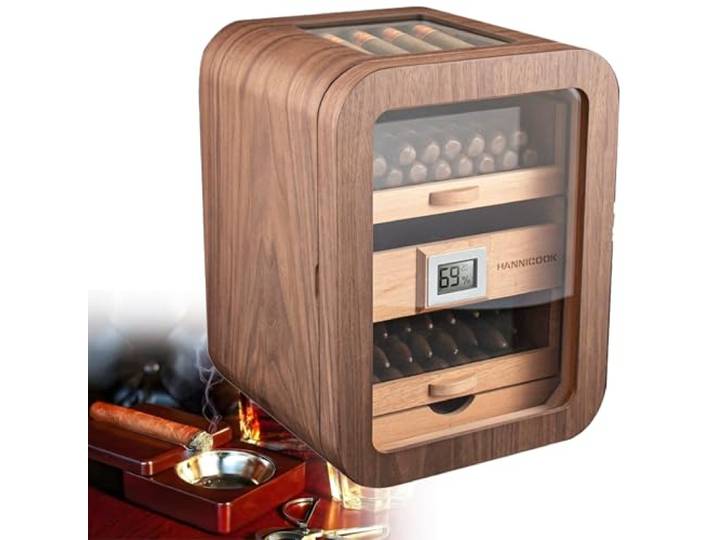 Tsampa Zigarren-Humidor Schrankhumidore, elektrischer Zigarren-Humidor-Kühler mit Regal und Schublade aus Zedernholz, Temperaturregelung,Kleiner Zigarren-Humidor für 110 Zigarren(Brown,WithSunroof)